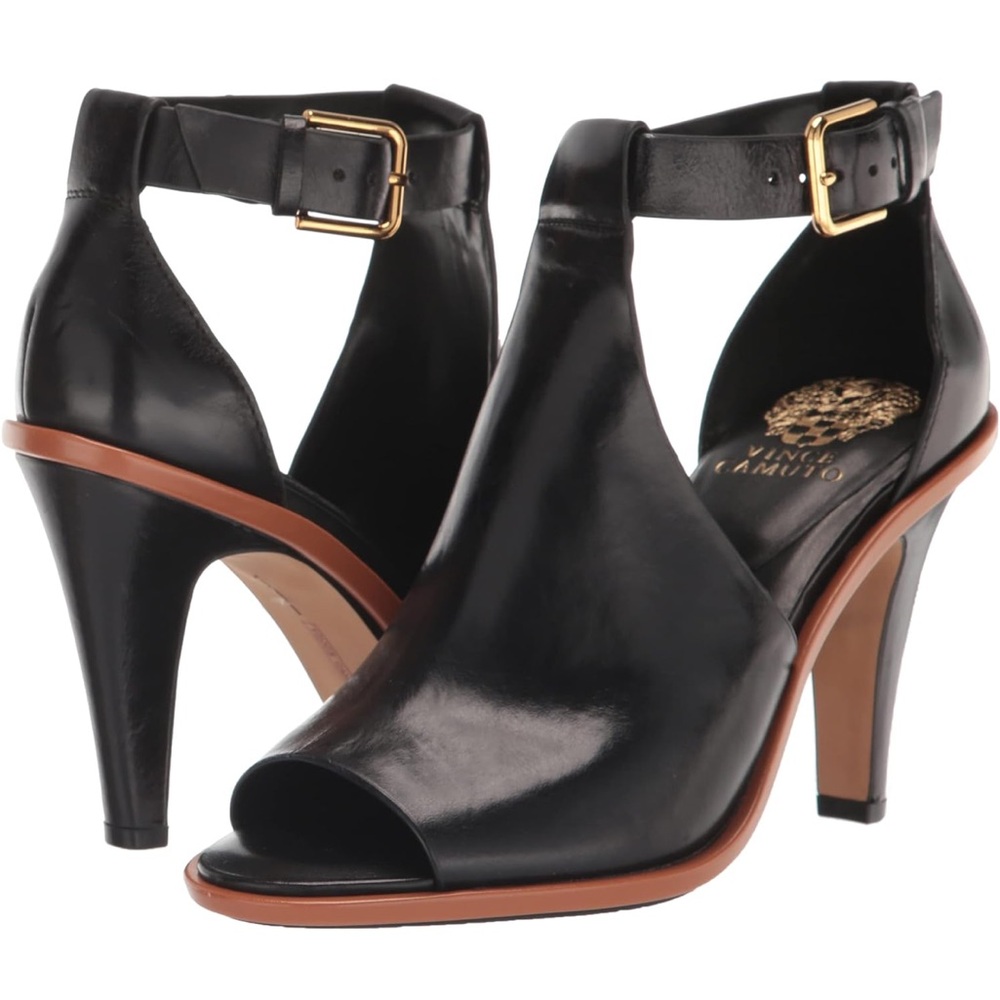 Vince Camuto Black and Brown Peep-Toe Heels with Ankle Strap